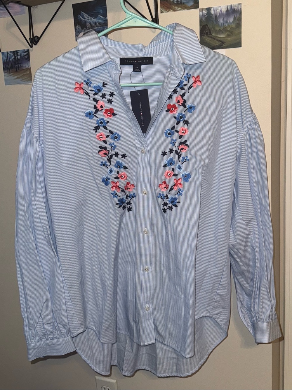 Tommy Hilfiger Light Blue Striped Button-Down Shirt with Floral Embroidery
